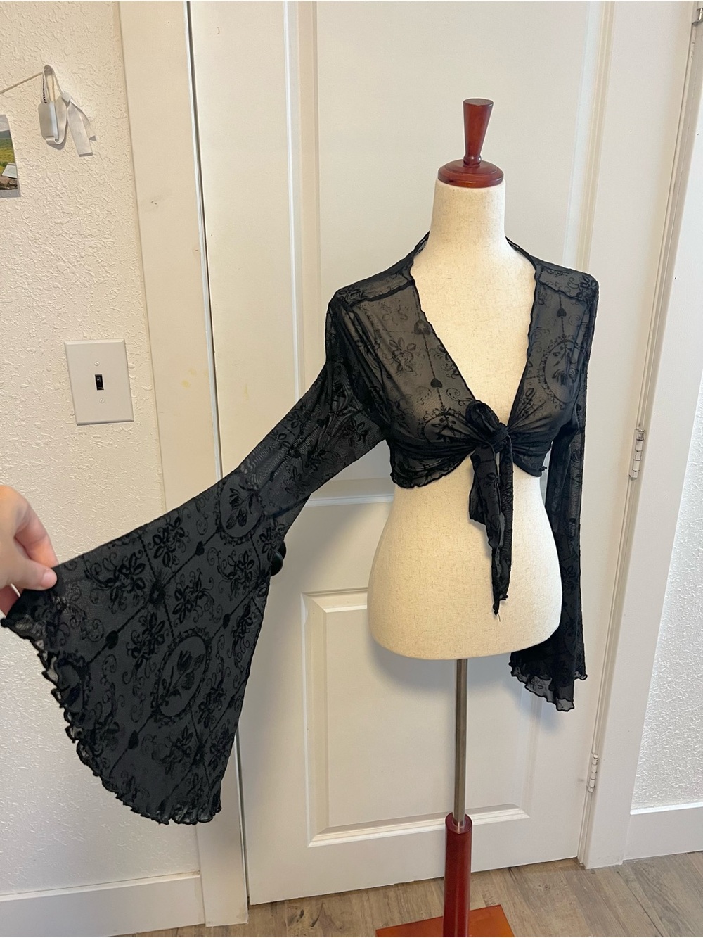 Whimsygoth sheer mesh tie-front crop floral burnout shrug bell sleeve witchy